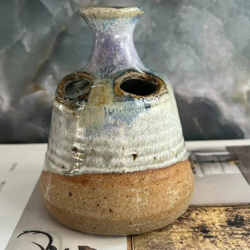 Studio Art Stoneware Vase Flower Frog 4.5 x 3.5 in Multicolor Dip Glaze Speckled